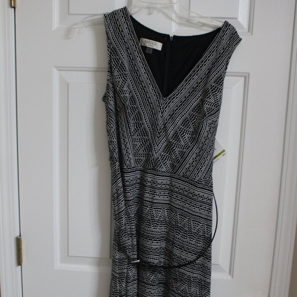 Kasper Dress; Size 14; Black with black/white overlay; Small belt at waist;